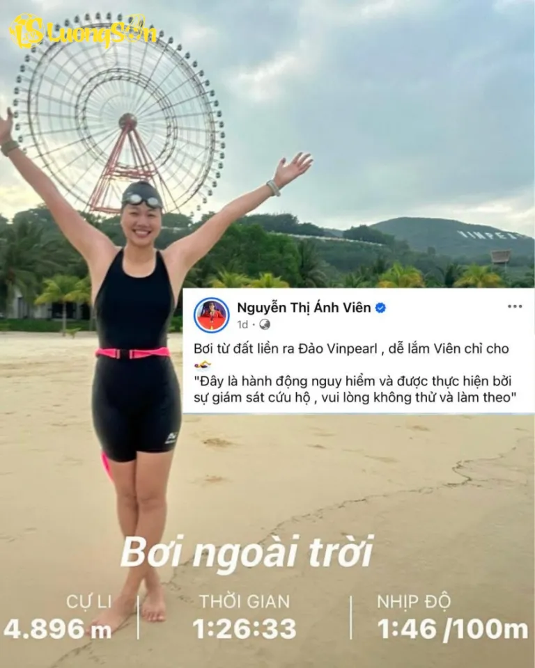 Ánh Viên bơi từ đất liền ra đảo (Ảnh: FBNV)